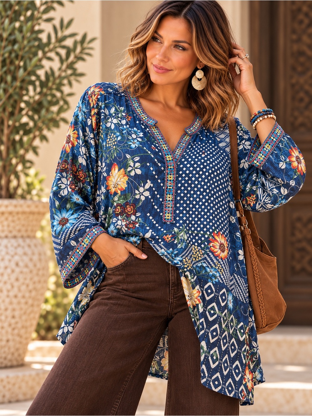 Johnny Was 2X Blue Floral Patchwork Cupra Tunic Embroidered Boho Top #738